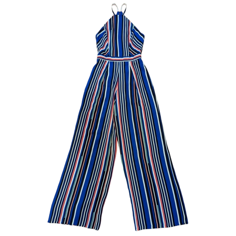 Bebe Wide Leg Palazzo Halter Neck Blue Black White Coral Pink Striped Jumpsuit